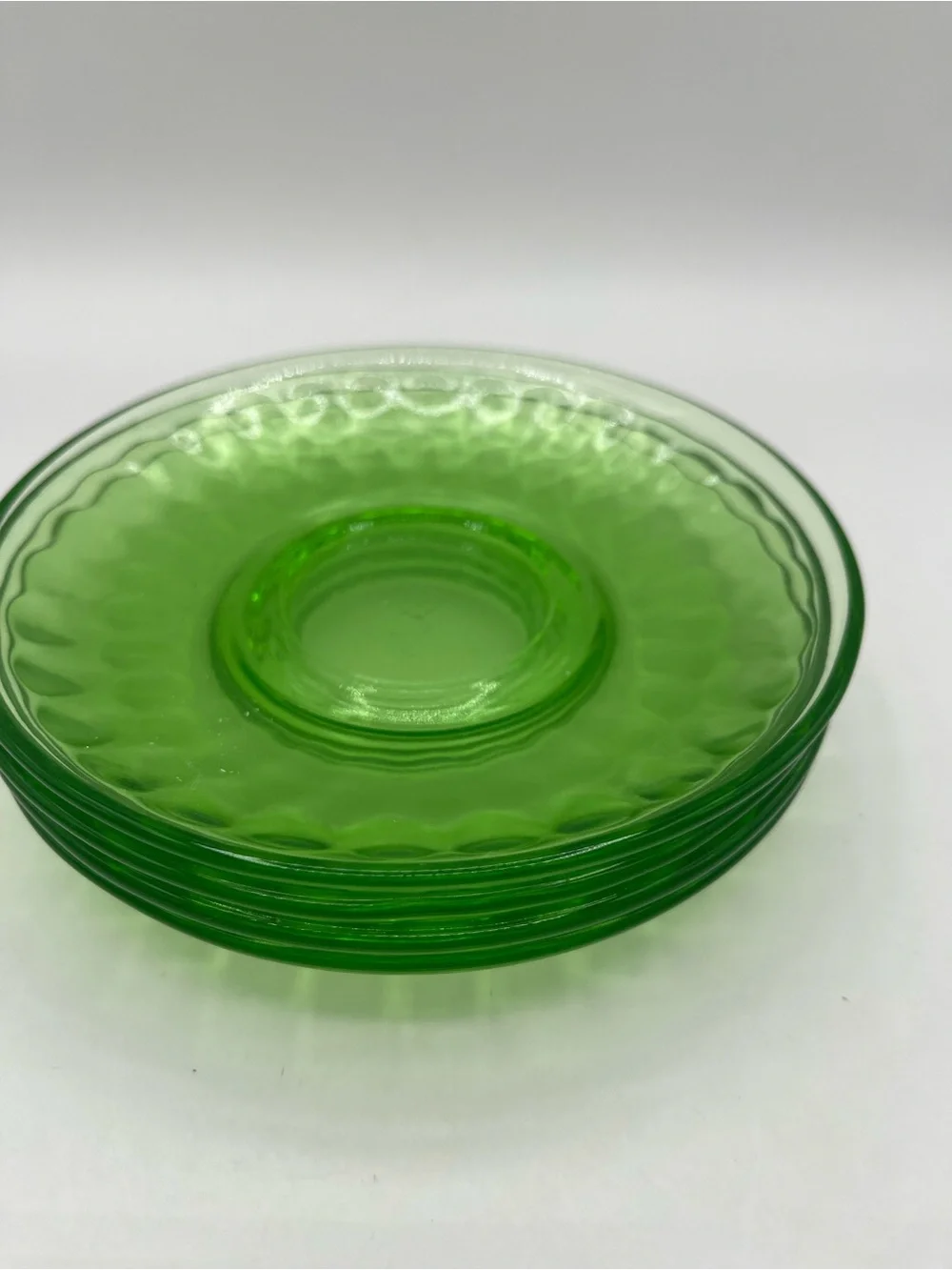 Vintage Federal Green Depression Uranium Glass Saucer Thumbprint